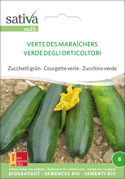 Ältere Sorte aus dem Genfersee Gebiet. Grüne, keulenförmige Früchte. Im Gegensatz zu den meisten anderen Zucchettisorten sind die Blätter ganzrandig. Häufige Ernte fördert die Fruchtbildung und erhöht den Gesamtertrag. Dick mulchen mit Stroh verhindert ei