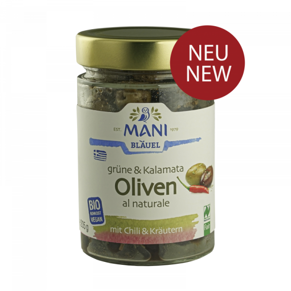 MANI Grüne & Kalamata Oliven al naturale mit Chili & Kräutern, bio NL Fair, 205g