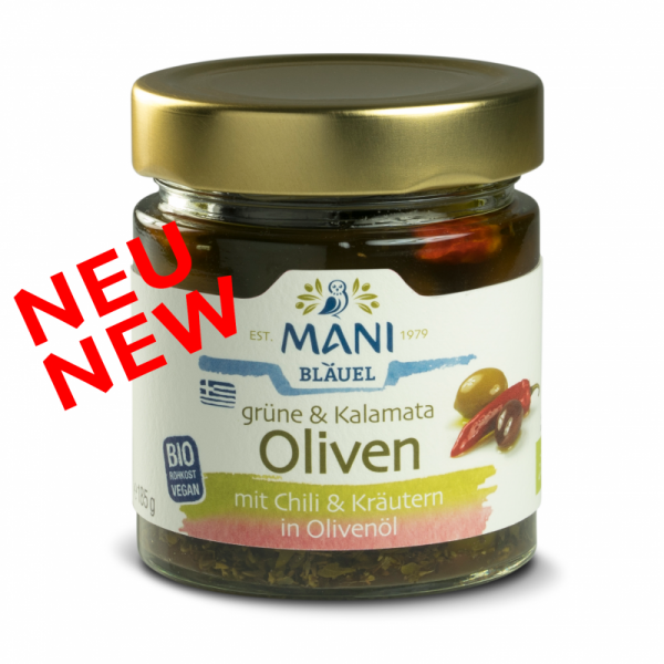 MANI Grüne und Kalamata Oliven mit Chili und Kräutern in Olivenöl, bio, 185g