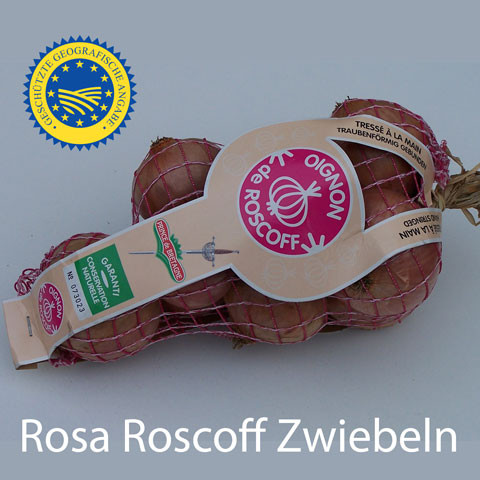 Rosa Roscoff Zwiebeln A.O.C. am Zopf /Bretagne